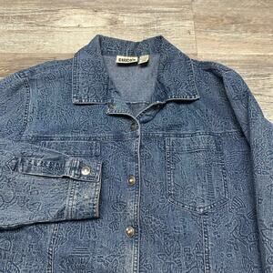 Vintage 90s Chicos Design Floral‎ Blue Womens 2 Stretch Snap Front Denim Jacket